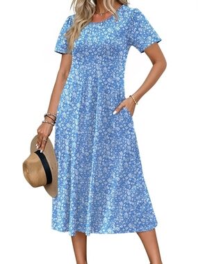Blue Floral Short-Sleeve Midi Dress with Pockets